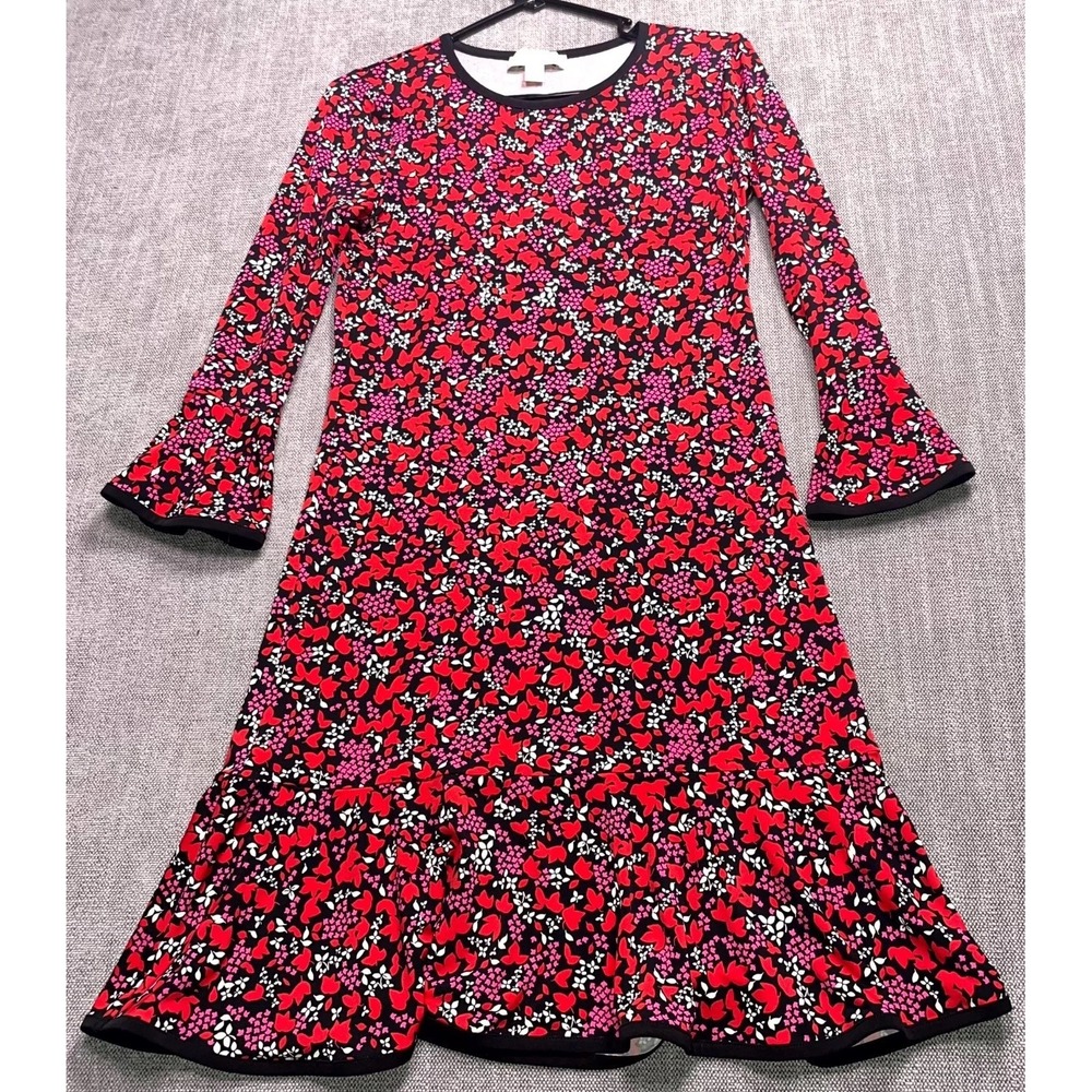 Michael Kors A-Line Dress Womens XS Black Multi Floral Bell Sleeve Pullover